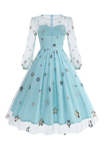 Vestido floral azul A de la década de 1950 con mangas largas